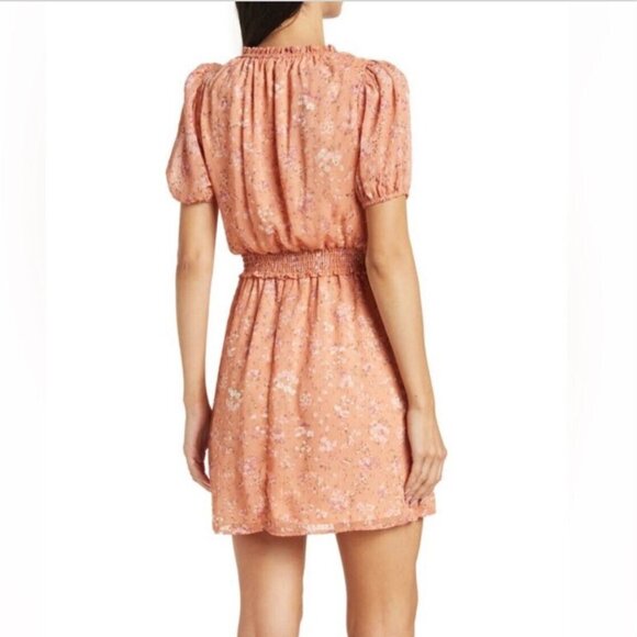 LUSH Women's Chiffon Mini S/S Dress Puff Sleeve Size M - Apricot Ditsy NWT - Picture 3 of 8